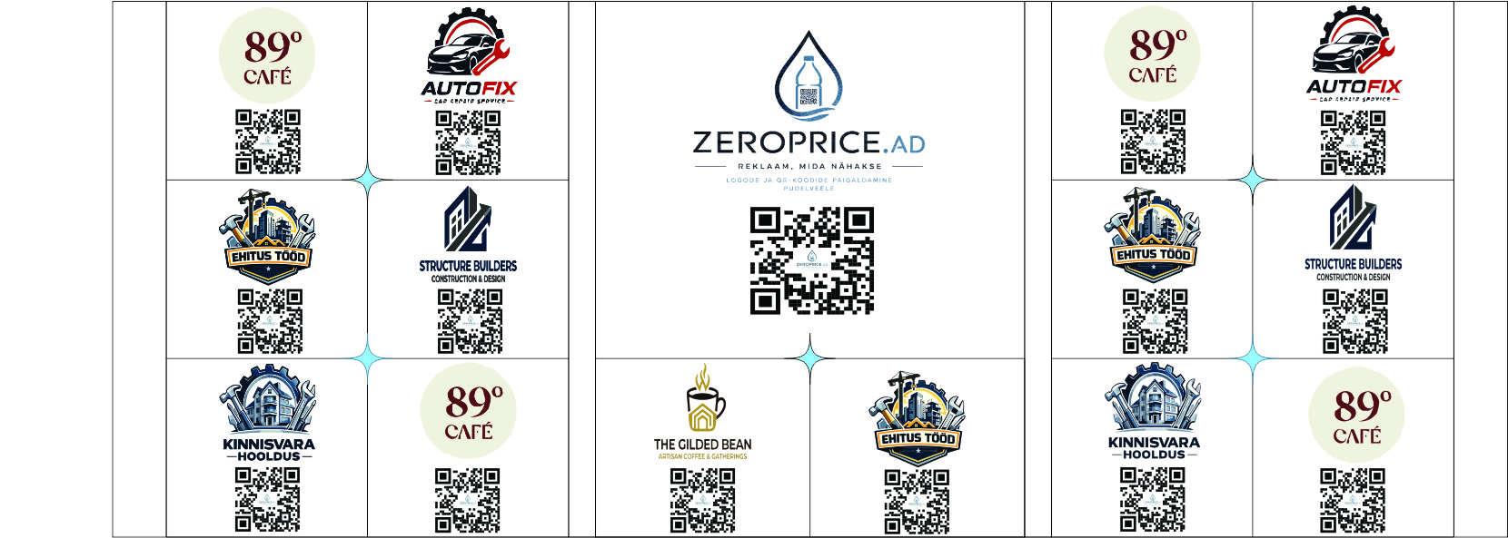 ZEROPRICE.AD advertising bottle label with 21 QR codes